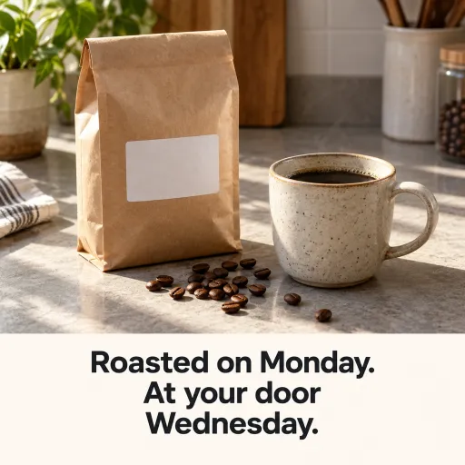 The ad that was kept: a coffee bag and a cup on a kitchen counter, “Roasted on Monday. At your door Wednesday.”